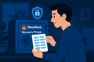 Person storing MetaMask recovery phrase securely in home safe.