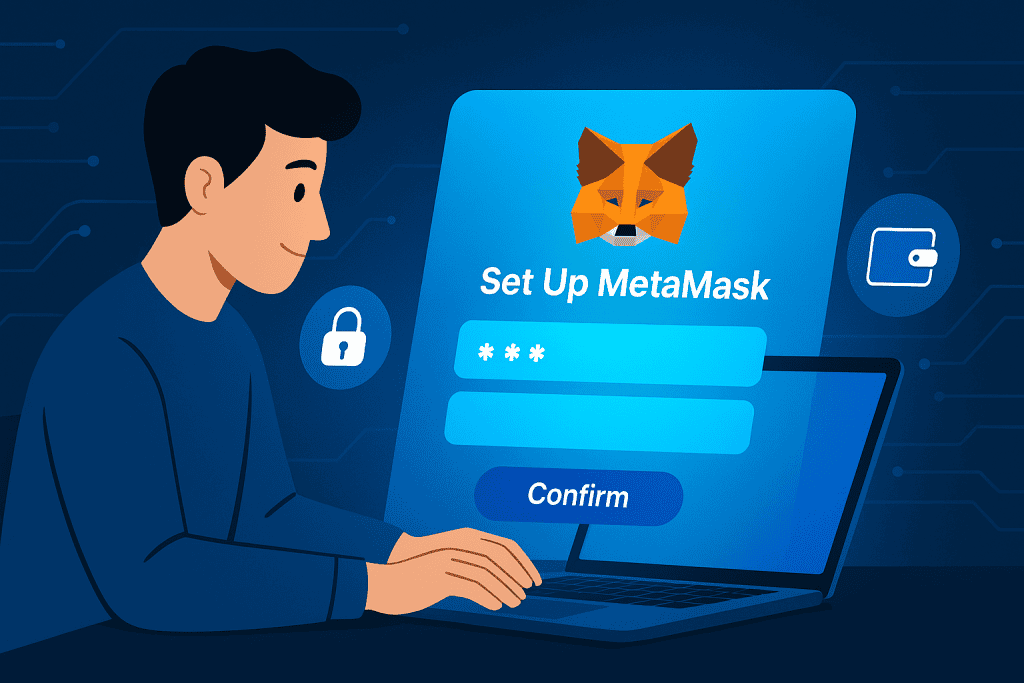 Person setting up MetaMask wallet on laptop screen.