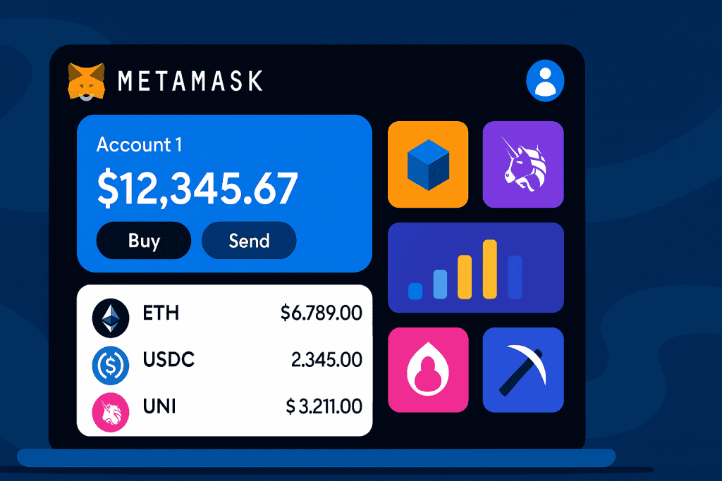 MetaMask dashboard showing crypto balances and connected blockchain apps.