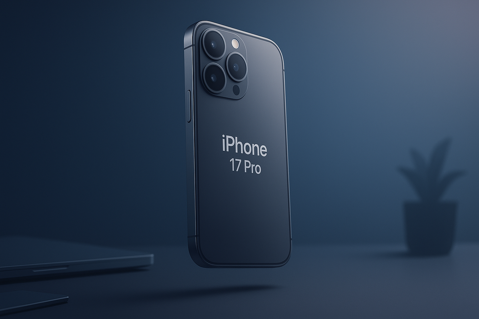 Titanium iPhone 17 Pro floating in soft blue light.
