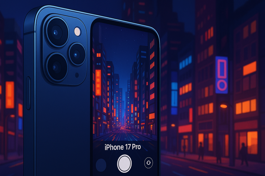 iPhone 17 Pro camera capturing vibrant city night scene.