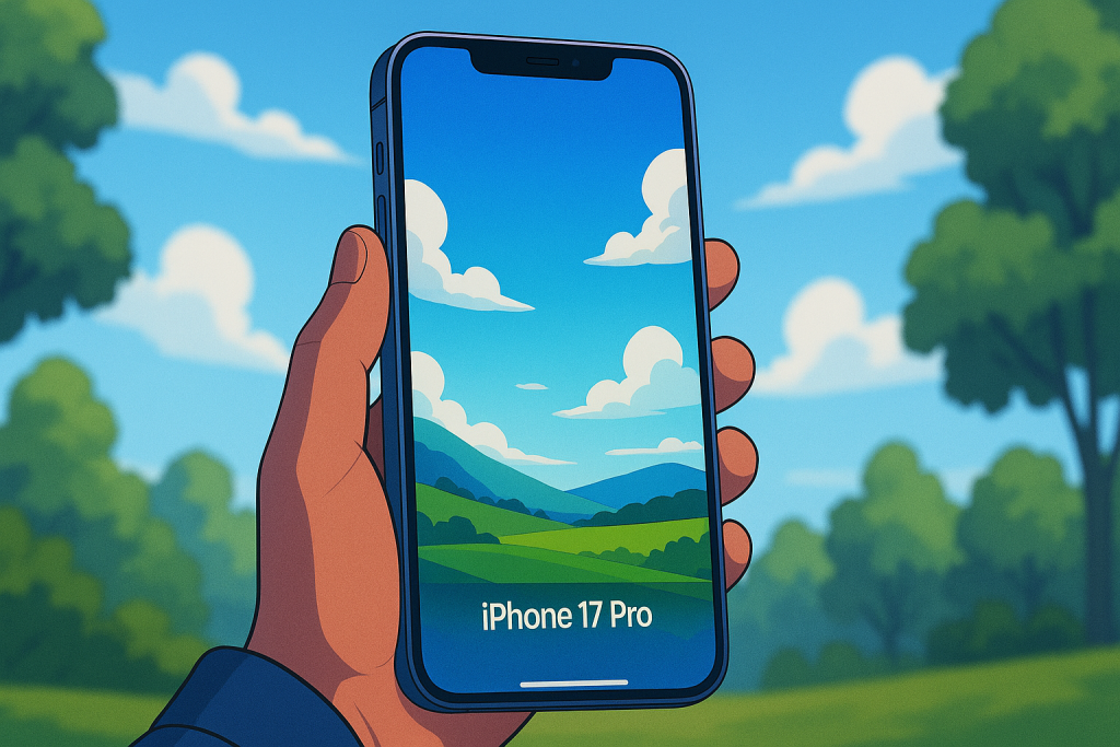 Person holding iPhone 17 Pro showing vivid outdoor screen display.
