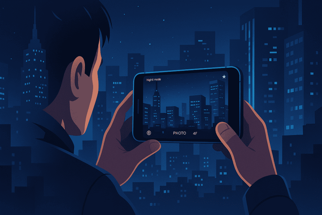 Person photographing city skyline using iPhone 17 night mode.