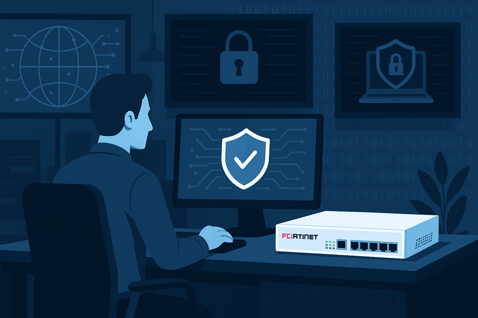 IT technician monitors network security with Fortinet firewall device.