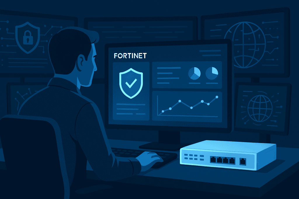 Analyst reviews Fortinet firewall dashboard across multiple glowing screens.