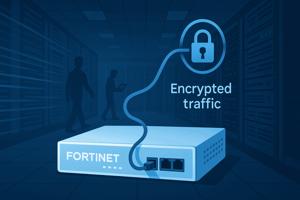 Fortinet firewall encrypting traffic in busy server room.