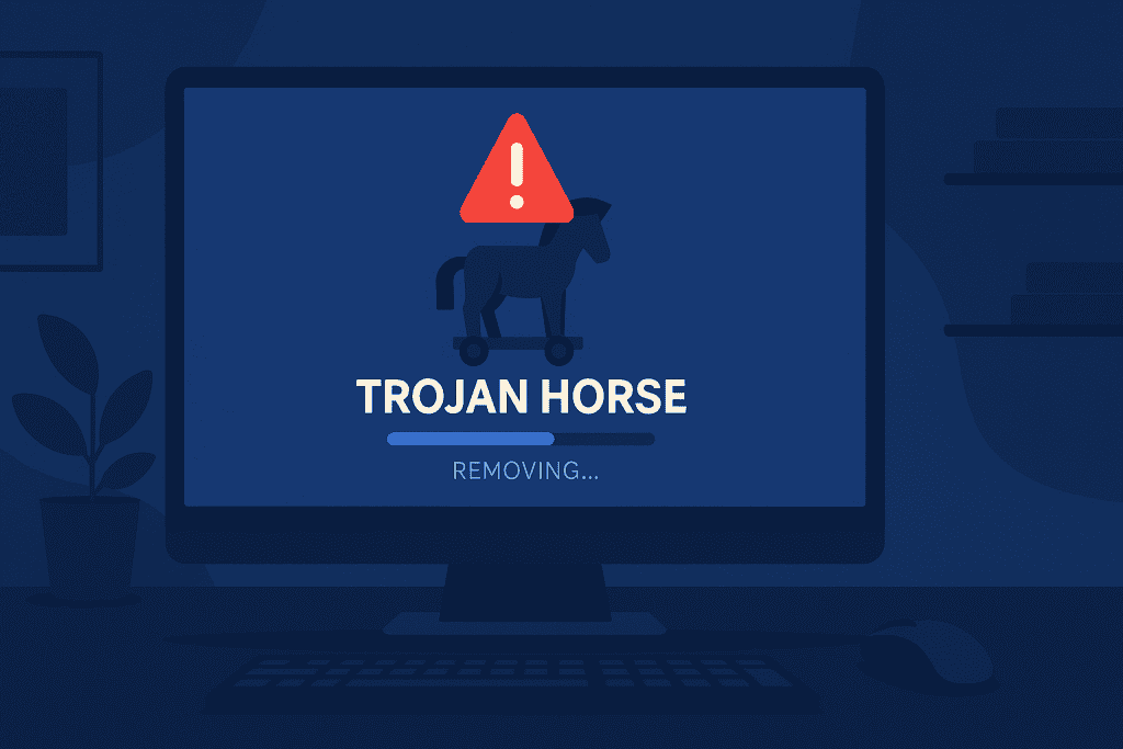 Computer screen with warning icon during Trojan horse virus removal process.