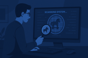 Cybersecurity expert scanning system for hidden Trojan horse threats.