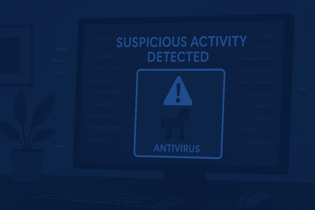 Antivirus software detects Trojan virus threat warning.