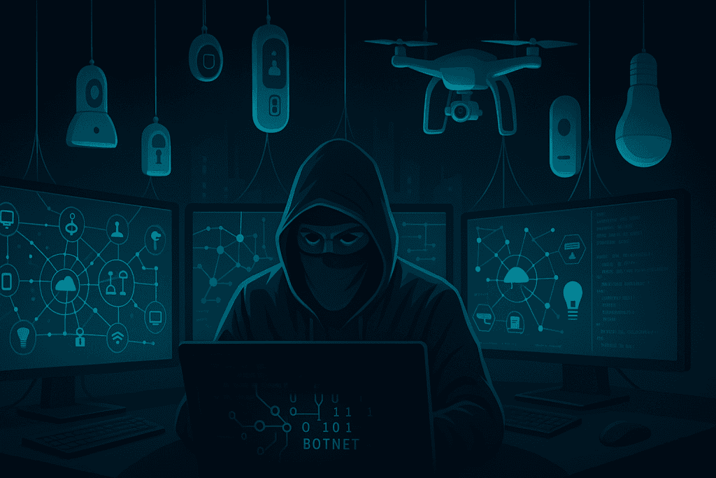 Masked hacker controls IoT devices like digital puppets.