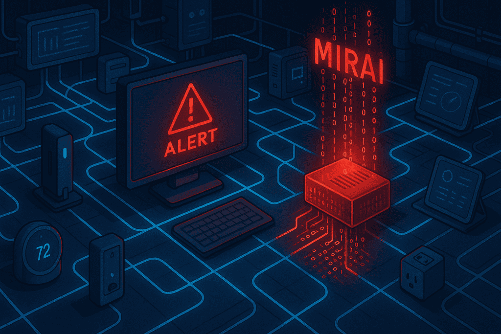 Infected IoT device leaking code triggers alert screen.