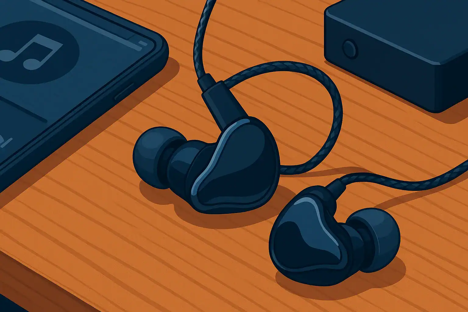 Close-up of premium in-ear monitors resting on a wooden desk beside a smartphone and music player.