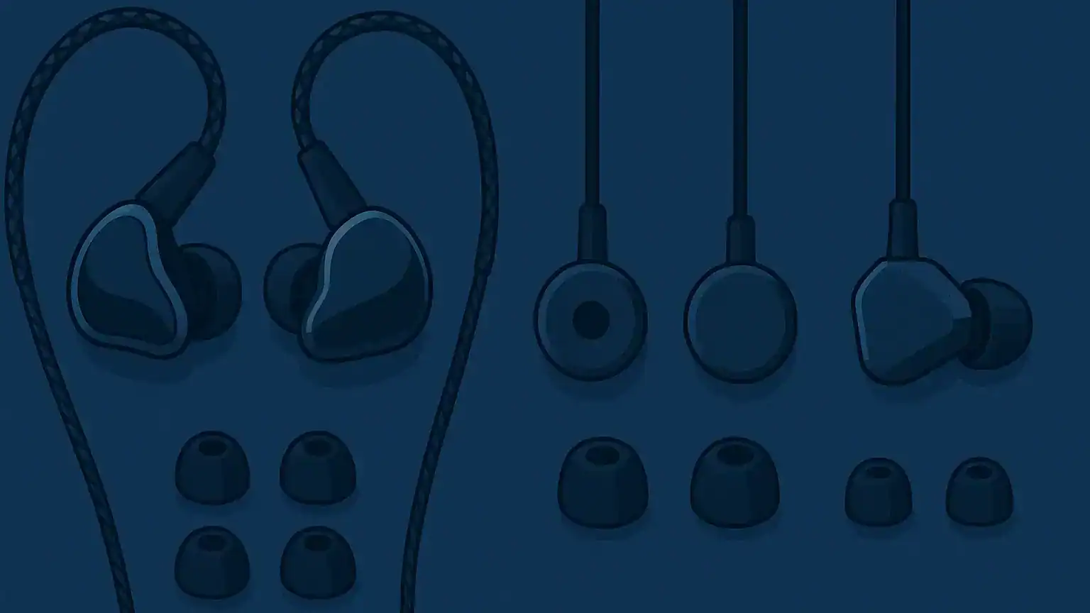 Comparison image showing different types of best IEM with cables and ear tips arranged neatly.