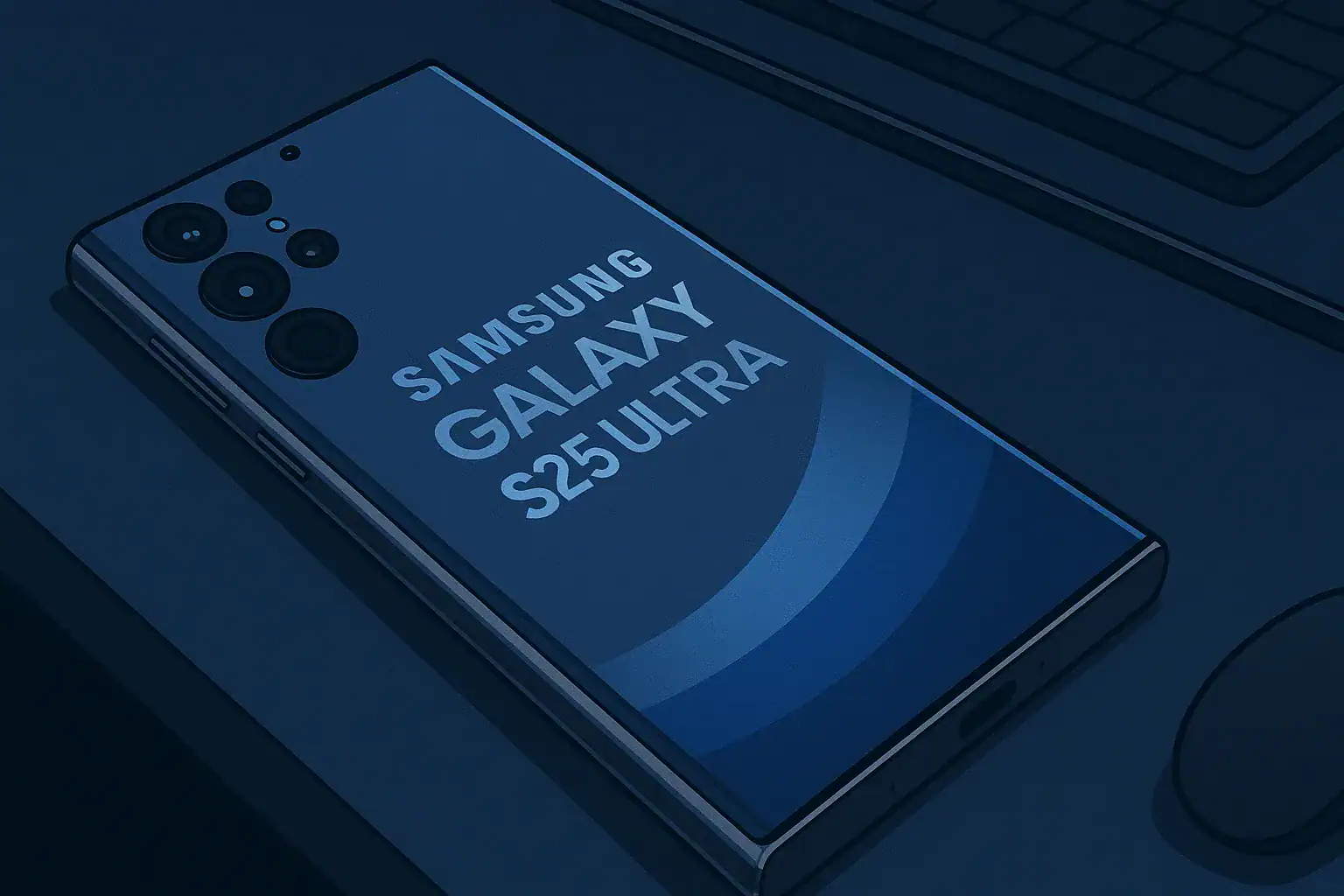 Samsung Galaxy S25 Ultra smartphone on a sleek desk setup, showcasing its titanium design and vibrant AMOLED display — symbolizing futuristic innovation.