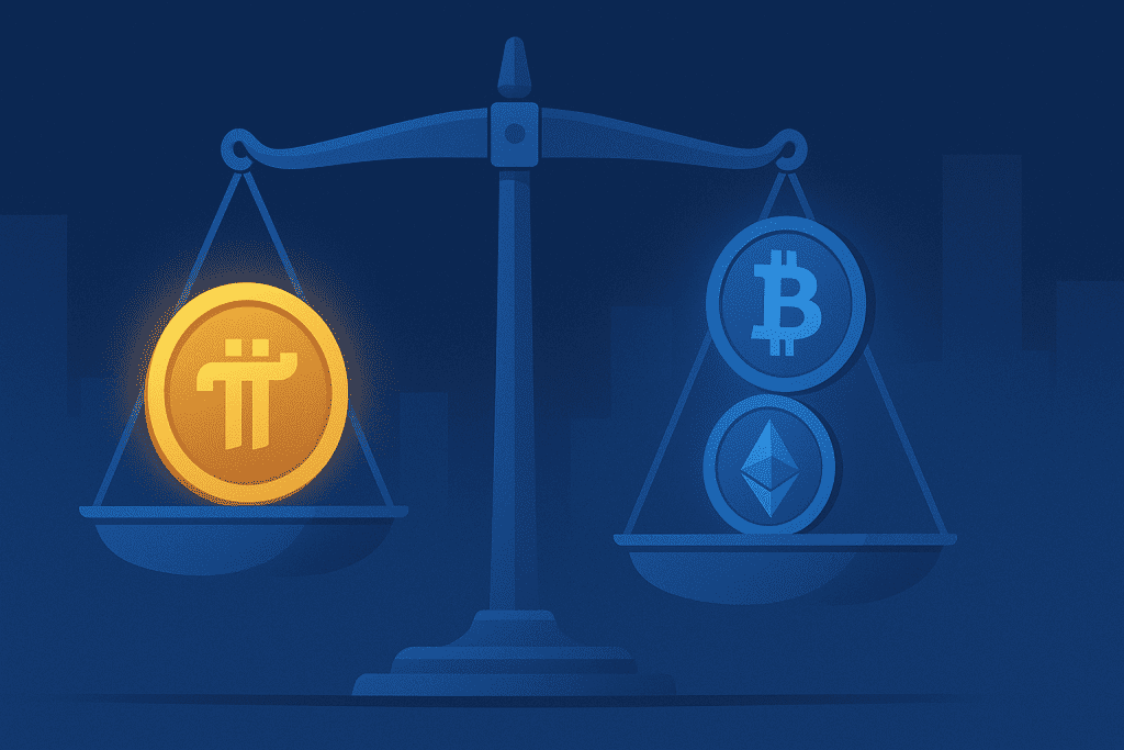 Pi Coin balances Bitcoin and Ethereum on scale.