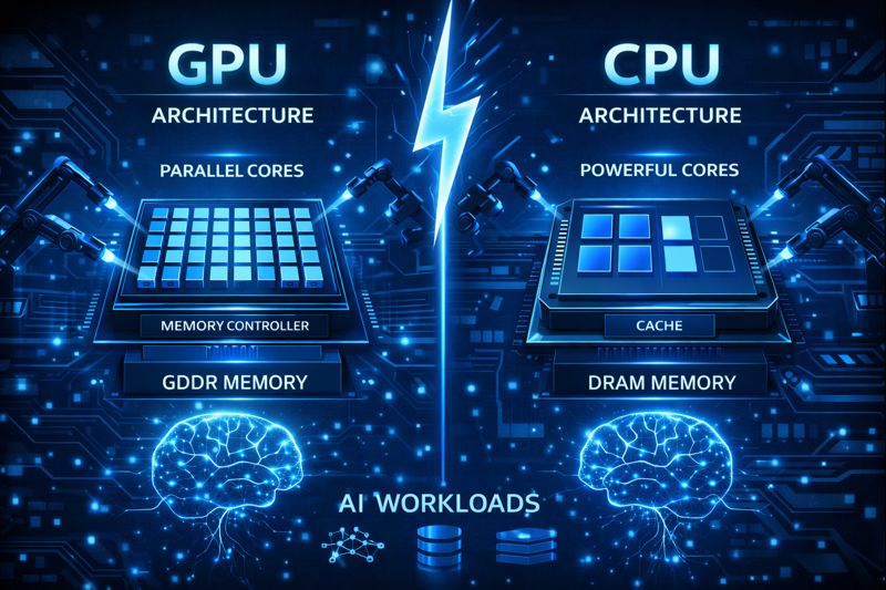 Diagram showing GPU parallel cores vs CPU core cache.