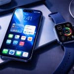 iPhone 17 and Apple Watch displaying synced apps and data