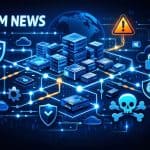 Glowing SBOM software supply chain with cybersecurity icons