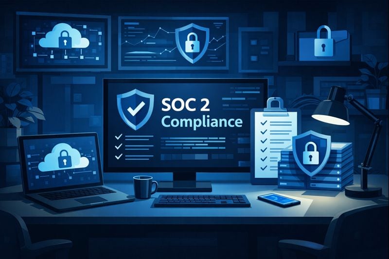 SOC 2 Compliance office setup with secure systems and checklist visuals.