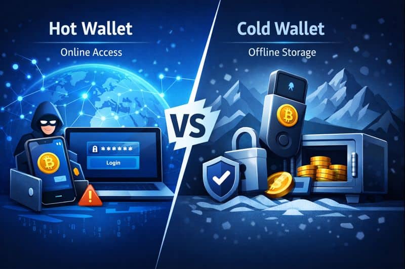 Hot wallet shows online risk; cold wallet illustrates offline safety.
