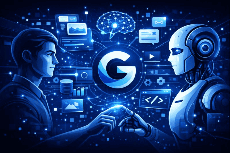 Human and AI collaboration concept representing Google Gemini technology evolution