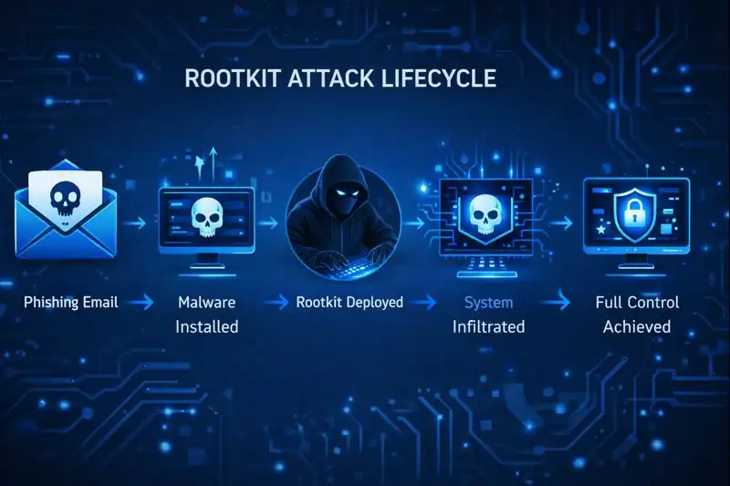 Step-by-step infographic showing the lifecycle of a rootkit attack—from phishing email to full system control—depicted through icons and arrows.
