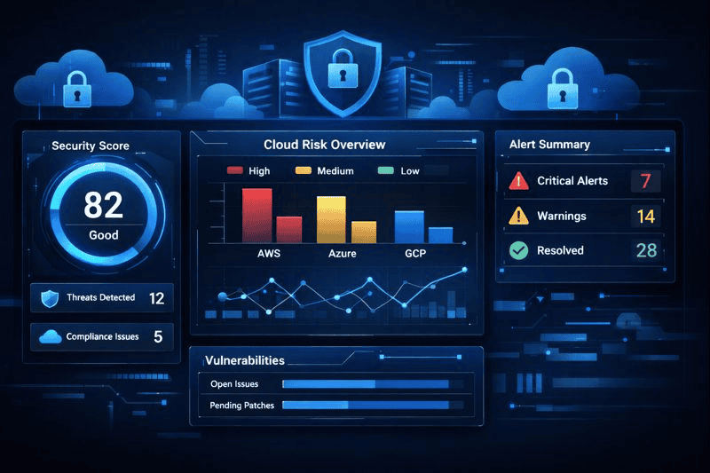 Cybersecurity dashboard with cloud risk and alerts