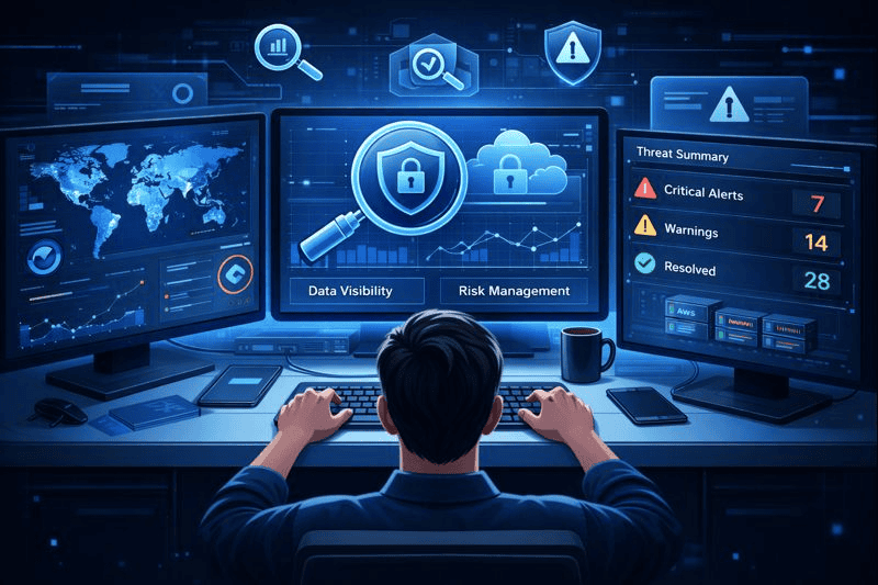 Cybersecurity analyst monitors risk and data visibility systems