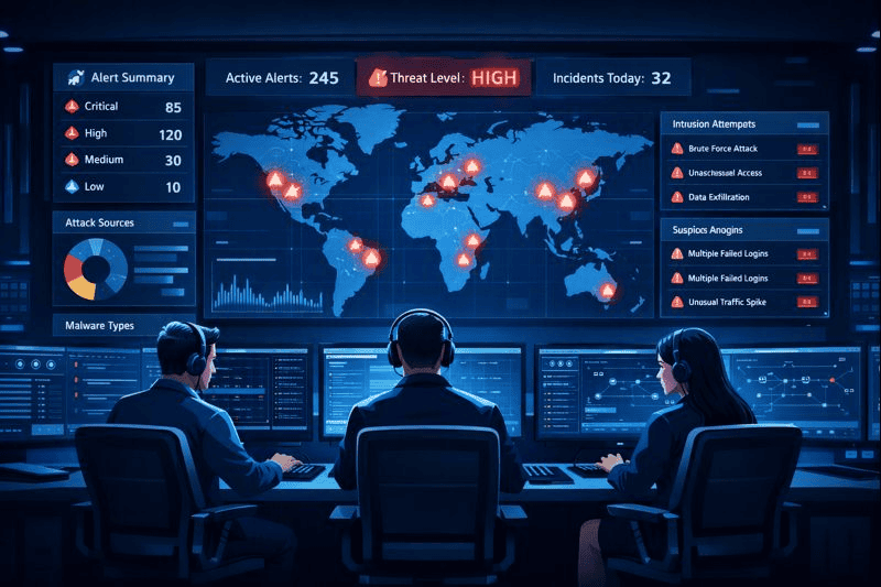 ybersecurity dashboard showing SIEM alerts and global threats