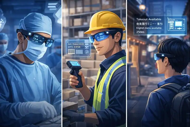 Collage showing various real-world applications of smart glasses.