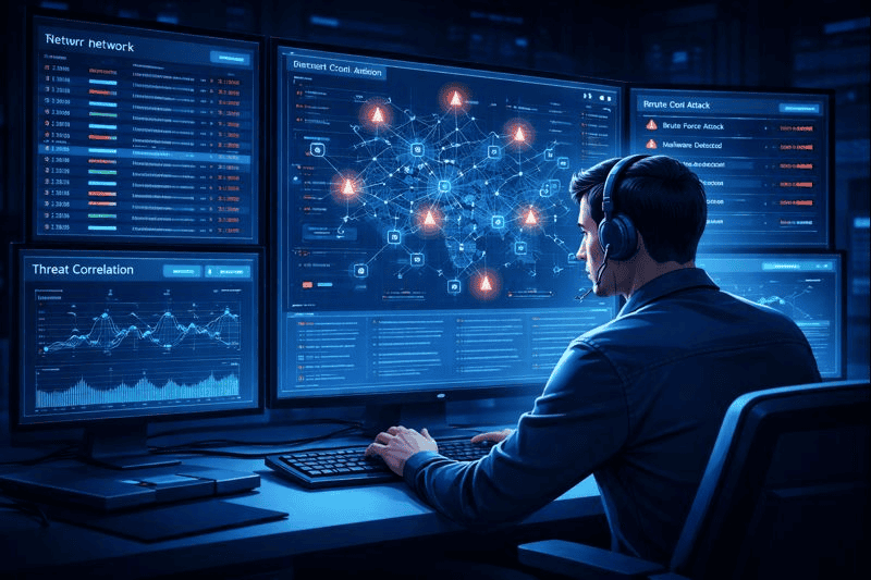 Security analyst reviewing network logs and threat alerts