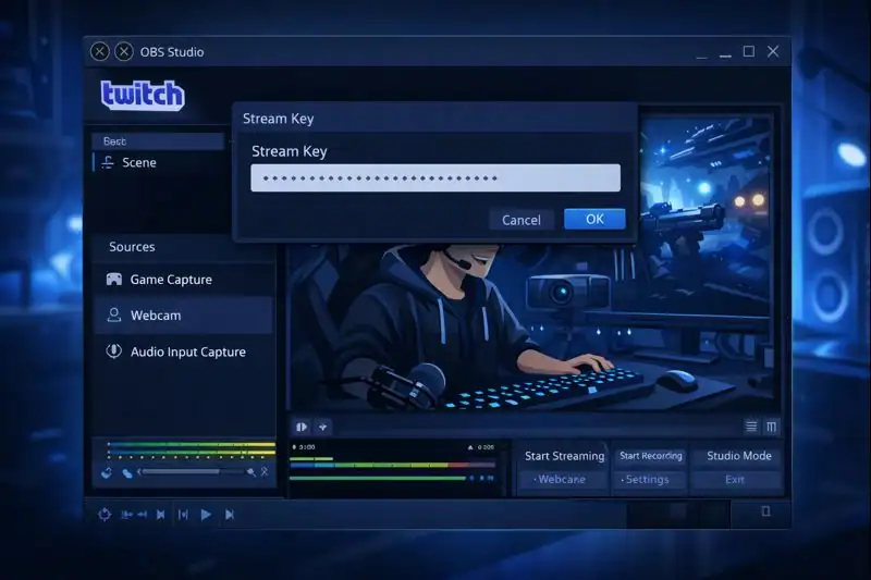 OBS Studio interface with Twitch stream key input and multiple sources like webcam and game capture