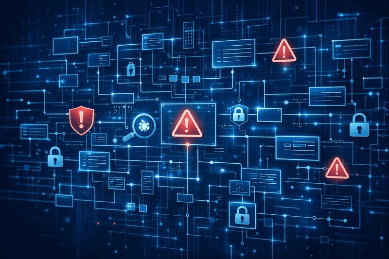 Digital blueprint of software links with security warnings