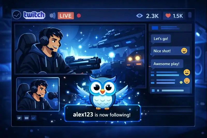 learning how to stream on Twitch  and the layout featuring webcam window, chat overlay, and animated follower alert on screen