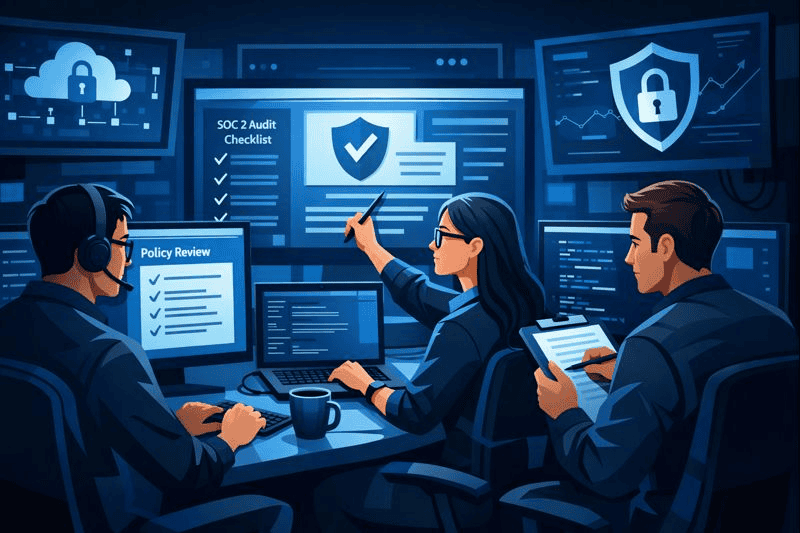 Cybersecurity team prepares SOC 2 audit using multiple monitors.