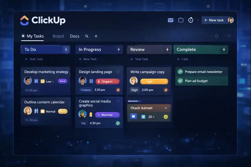 ClickUp task management interface showing tasks, assignees, priorities, and workflow stages in a clean workspace view