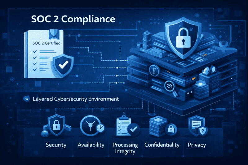 SOC 2 compliance framework layered with key cybersecurity criteria.