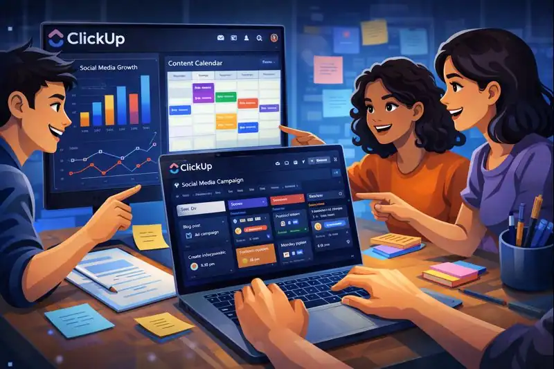 Marketing team using ClickUp to plan content calendar and social media campaigns with charts and Kanban boards on screen