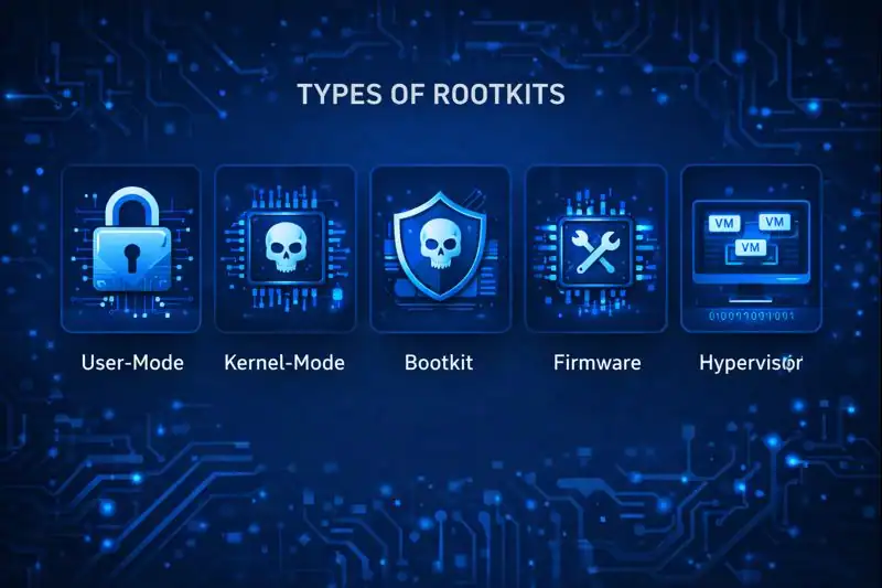 Chart showing five types of rootkits with icons: user-mode, kernel-mode, bootkit, firmware, and hypervisor, each with a visual metaphor (e.g., lock, microchip, shield).