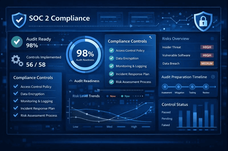 SOC 2 compliance dashboard showing audit readiness and risk indicators.