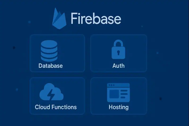 Visual breakdown of Firebase core features including database, auth, cloud functions, and hosting.