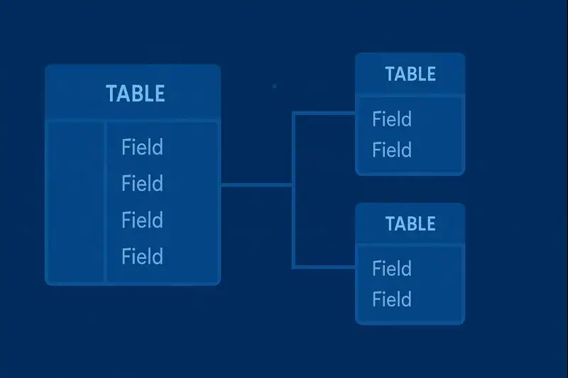 Diagram showing tables, fields, and relationships in a relational database model.