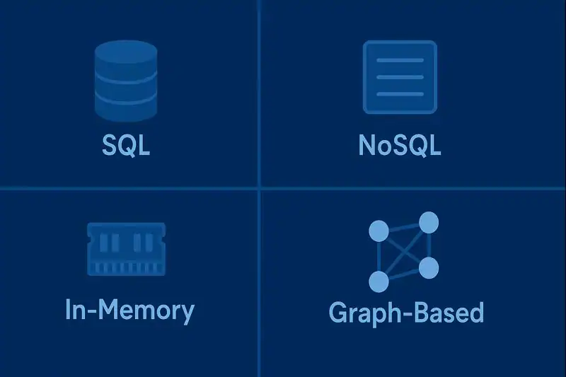 Grid comparing SQL, NoSQL, in-memory, and graph-based databases with sample icons.