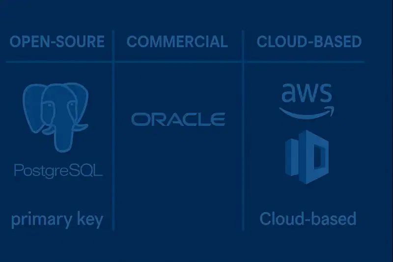 Comparison chart showing open-source, commercial, and cloud-based relational database systems with logos.