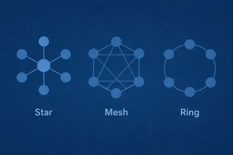 Diagram of different network topology such as star, mesh, and ring