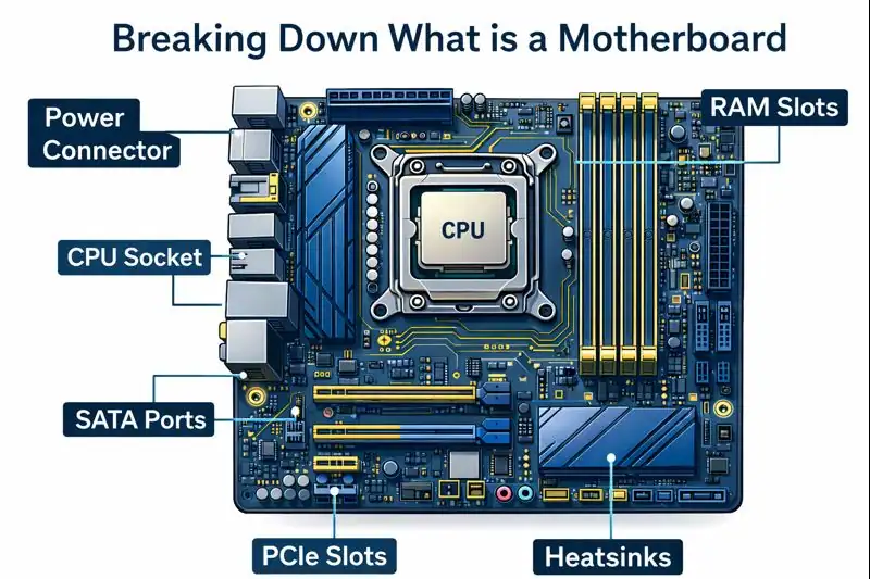 Diagram showing labeled parts of a motherboard including CPU, RAM, and PCIe slots