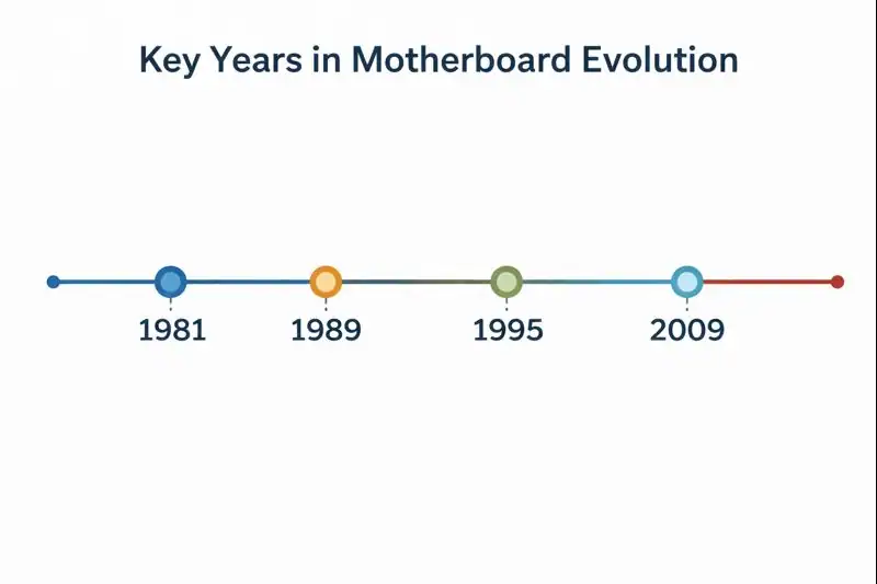 Timeline graphic showing key years in motherboard evolution