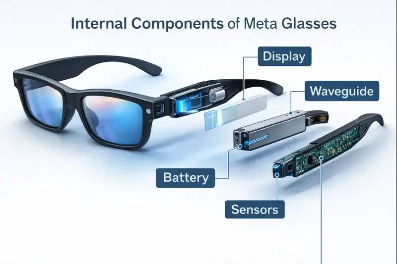 Internal components of Meta Glasses labeled: display, waveguide, battery, sensors
