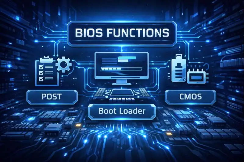 Diagram showing BIOS functions: POST, Boot Loader, CMOS.