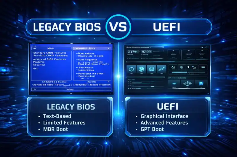 Visual comparison of Legacy BIOS and UEFI interfaces.